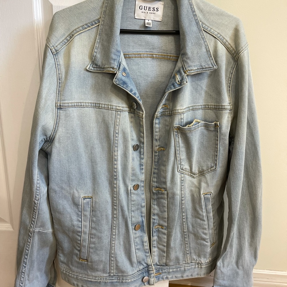 GUESS his and hers light denim oversized unisex jacket